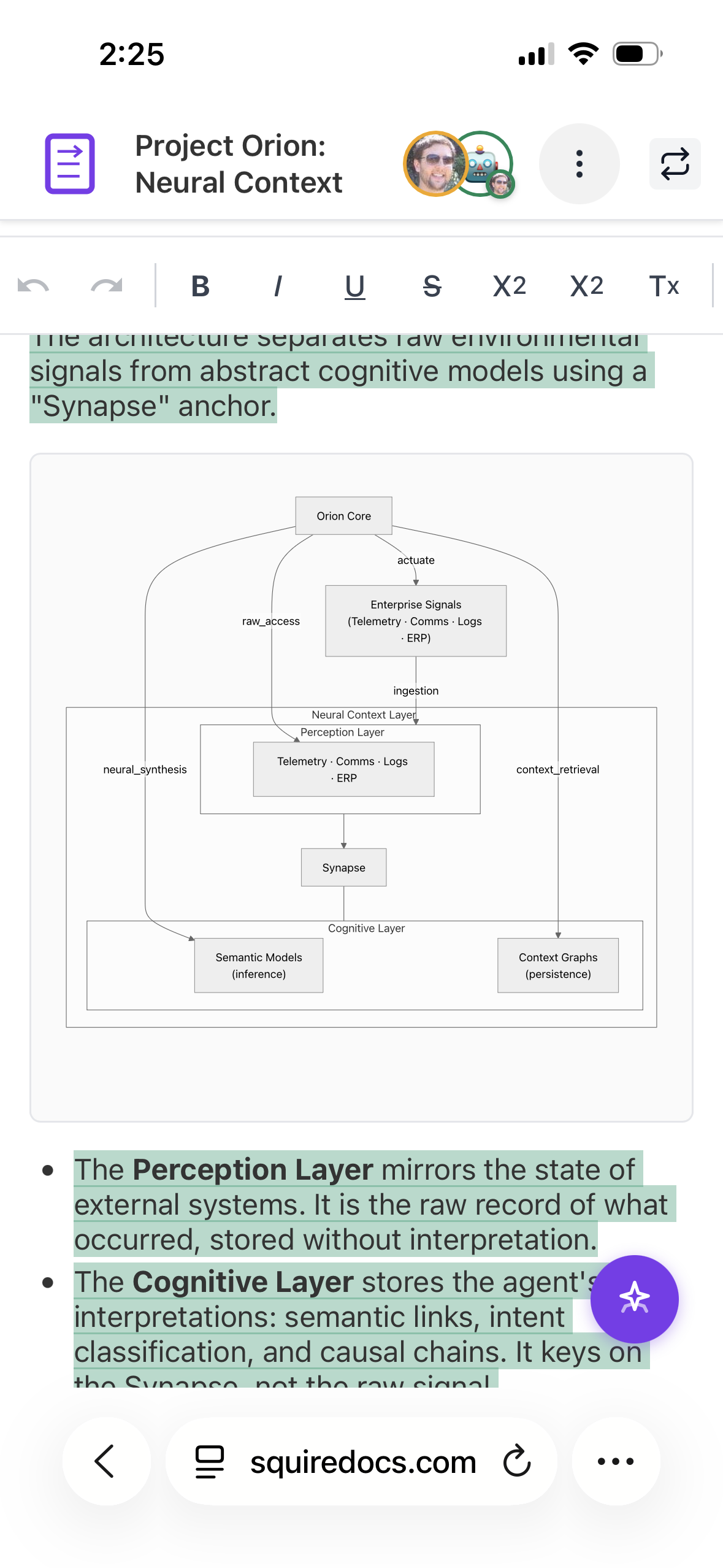 Squire Docs on a phone showing a document with a rendered architecture diagram